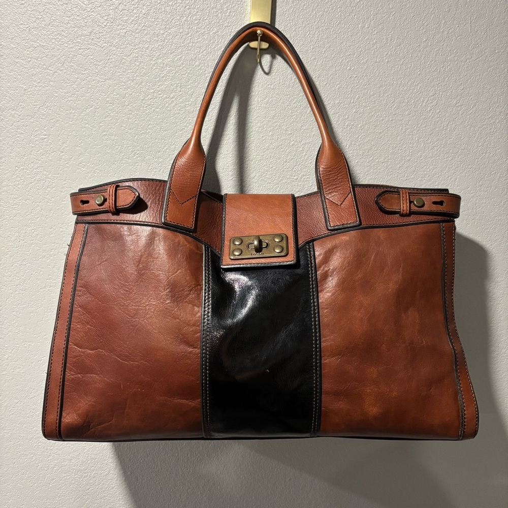 FOSSIL Vintage Reissue Weekender Whiskey Brown & Black Leather Shoulder Handbag